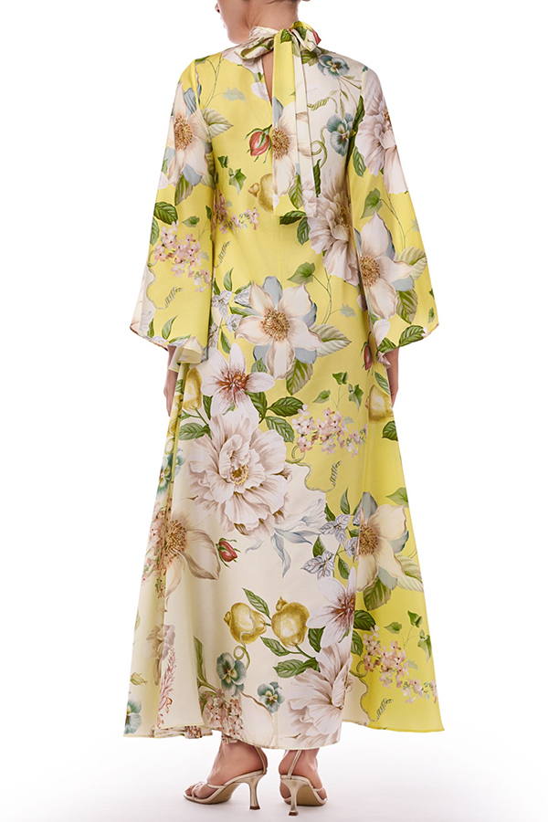 Serene Refinement Color-block Floral High Neck Long Sleeve Fluid Kaftan Maxi Dress
