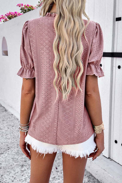 Solid Color Short Sleeved Patchwork Hollow Pleated Shirt-consonak