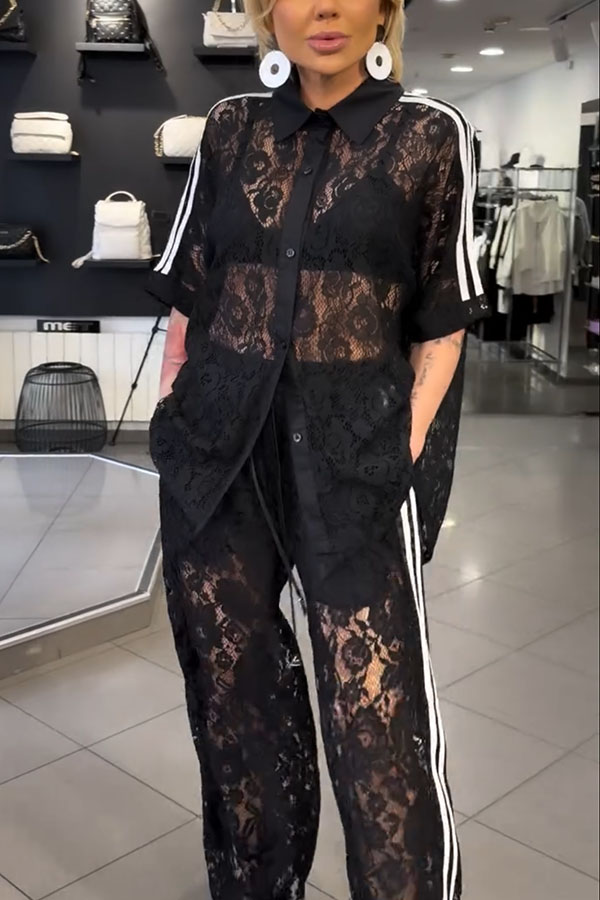 Mix Fashion Lace Striped Trim Short Sleeve Button Shirt and Elastic Waist Pocket Loose Pants Set-Consonak