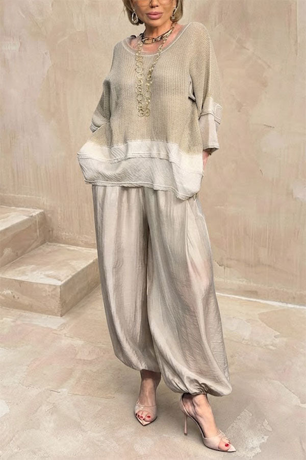 Lucy Knit Cutout Layered Design Half Sleeve Top and Satin Elastic Waist Pocketed Lantern Pants Set-Consonak