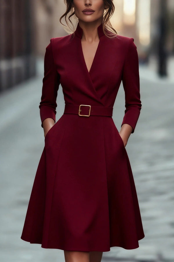 Solid Color V-neck Fitted Waist Long Sleeve Elegant Midi Dress-consonak