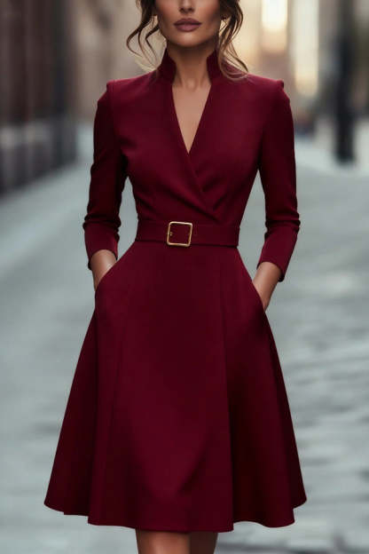 Solid Color V-neck Fitted Waist Long Sleeve Elegant Midi Dress-consonak