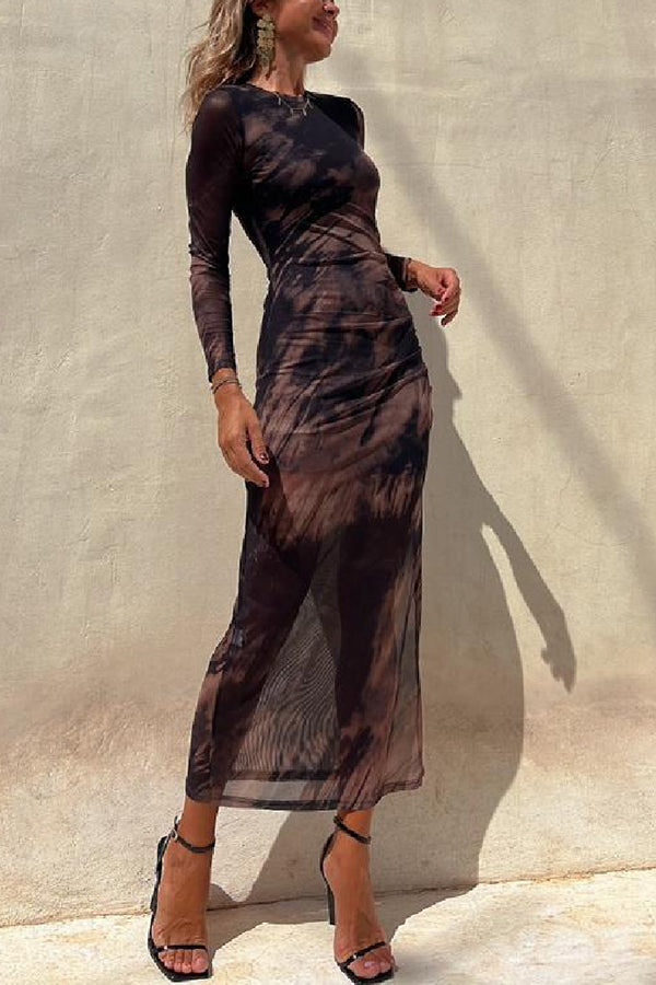 Charm Lady Mesh Overlay Tie Dye Print Long Sleeve Ruched Stretch Midi Dress | Consonak