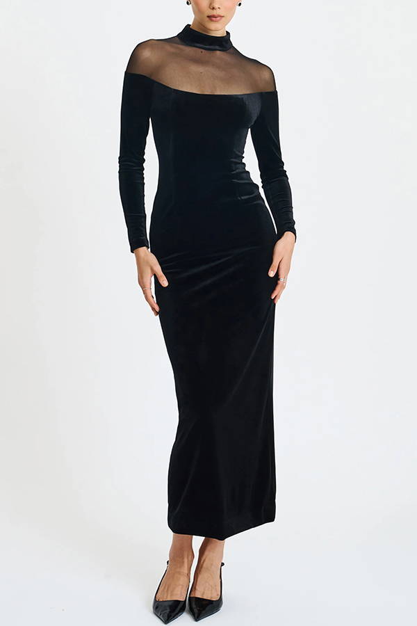 Fashionable Velvet and Mesh Spliced ​​long-sleeved Slim-fit Maxi Dress-consonak