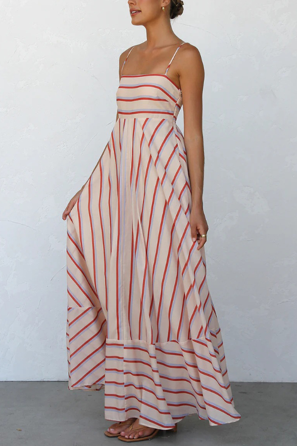 Striped Printed Square Neck Sleeveless Ruched Casual Maxi Dress