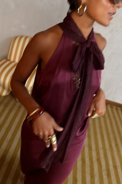 Sunday Social Contrast Color Satin Lace Trim Neck Strap Loose Tank-consonak