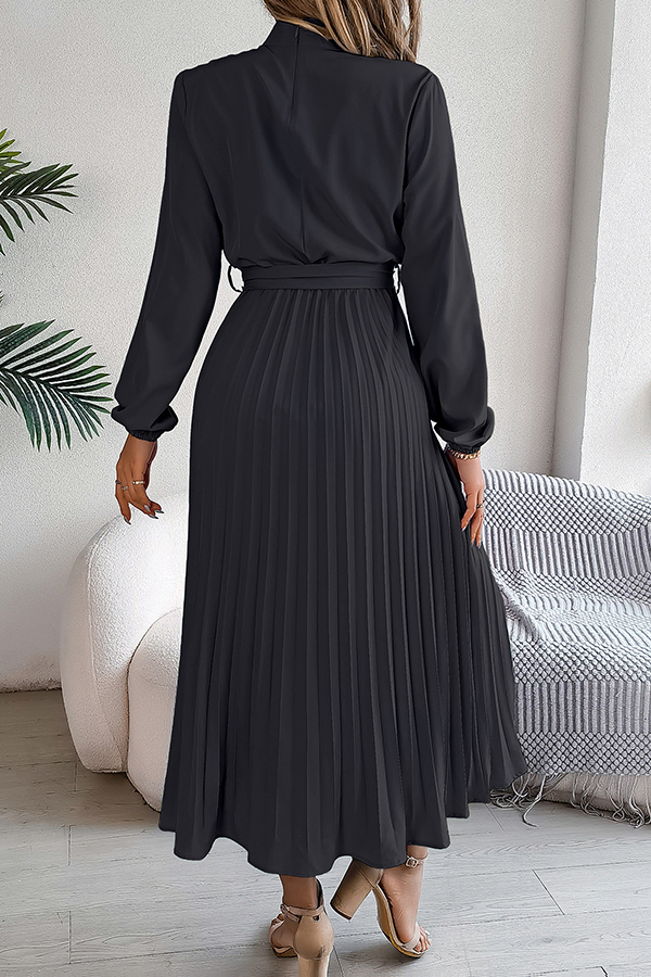 Elegant Stand-collar Long-sleeve Waisted Tie-up Pleated Midi Dress-consonak