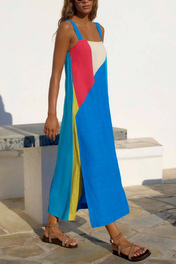 Fashionable Color-blocked Printed Square Neck Sleeveless Vacation-style Maxi Dress