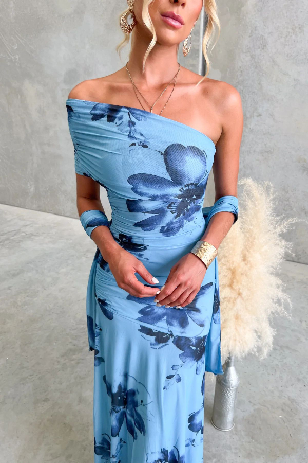 Floral Print Elegant Mesh Off-shoulder Fitted Maxi Dress-consonak