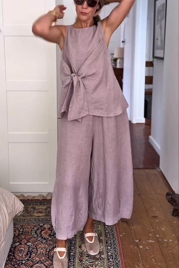 So Comfortable Linen Blend Knotted Top and Elastic Waist Pocket Wide Leg Pants Set-consonak