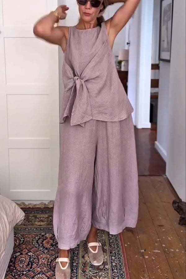 So Comfortable Linen Blend Knotted Top and Elastic Waist Pocket Wide Leg Pants Set