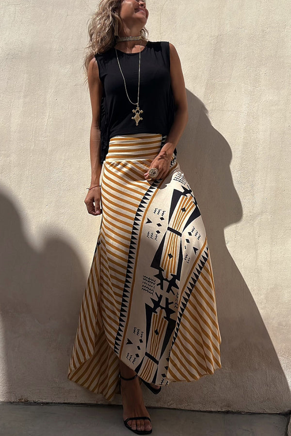 Eva Satin Geometric Print Elastic Waist Maxi Skirt-consonak