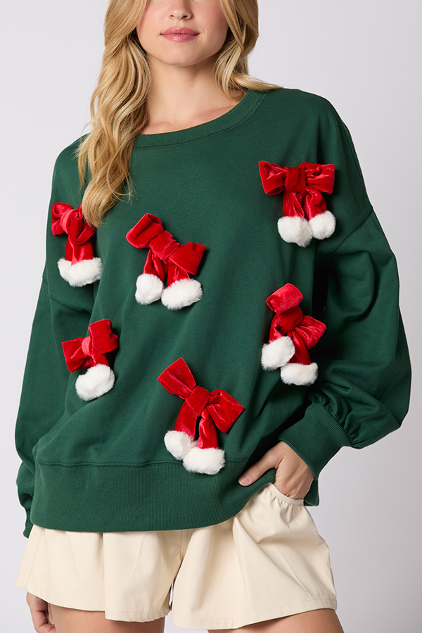 Christmas Bow Embellished Casual Long-sleeved Sweatshirt-consonak