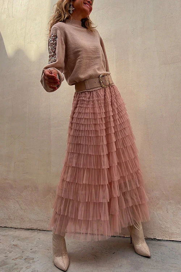 Be Your Own City Queen Tiered Elastic Waist Tulle Maxi Skirt-consonak