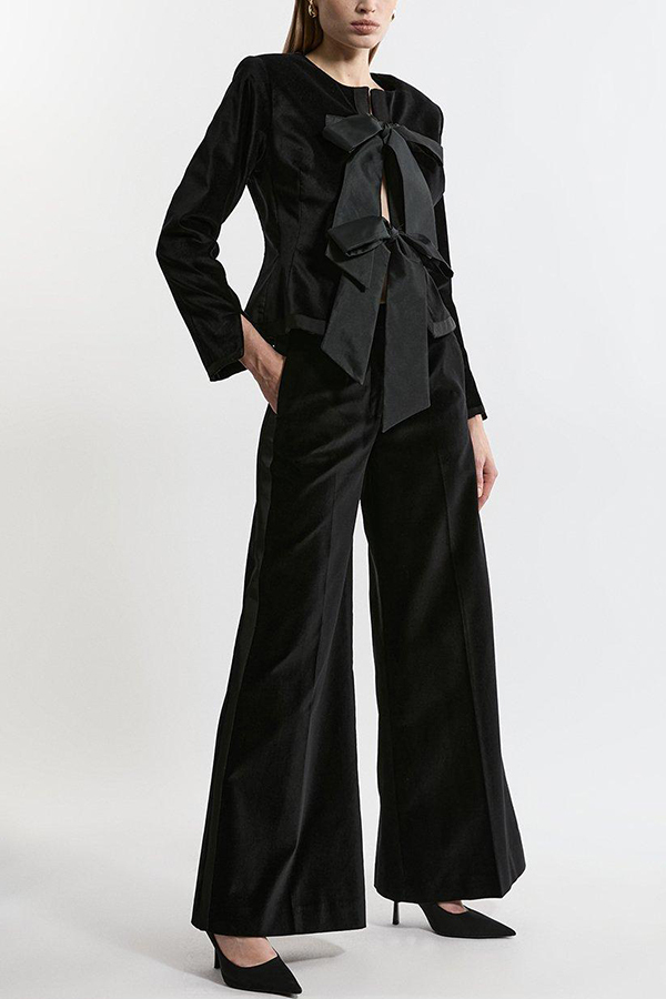 Cue The Cocktails Velvet Grosgrain Detail Pocketed Wide Leg Pants-consonak