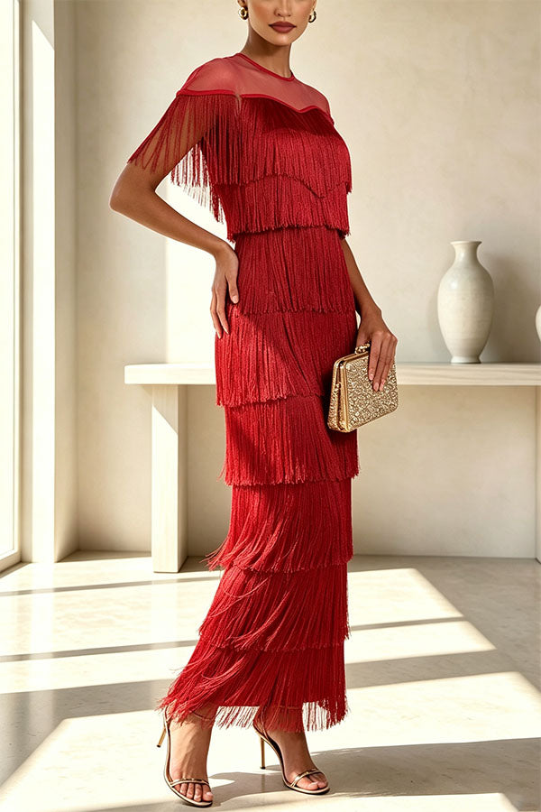 Elowyn Mesh Tiered Tassel Patchwork Round Neck Cape Sleeve Midi Dress-Consonak
