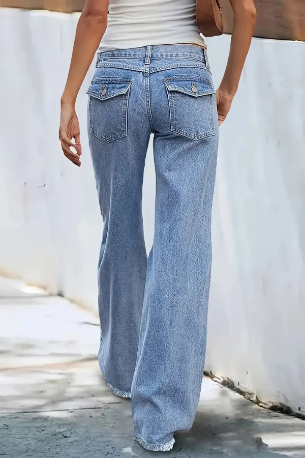 Stylish Loose-fitting Pocket Casual Frayed Wide-leg Jeans
