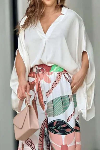 V Neck Bat Sleeve Top and Leaf Print Tie High Rise Wide Leg Pants Suit-consonak