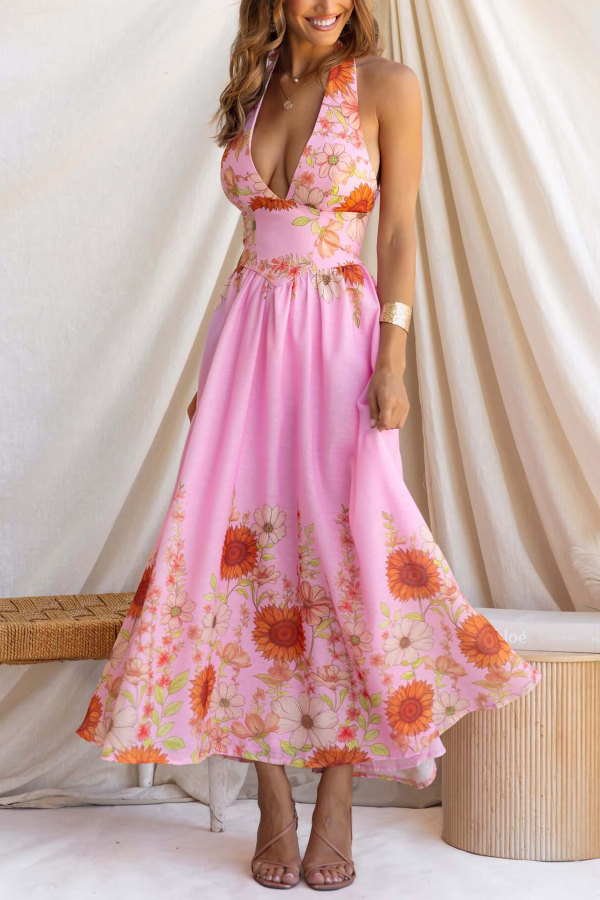 Sunflower Print V-neck Fitted Waist Elegant Maxi Dress