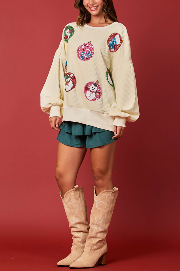 Christmas Egg Sequined Long Sleeve Loose Sweatshirt-consonak