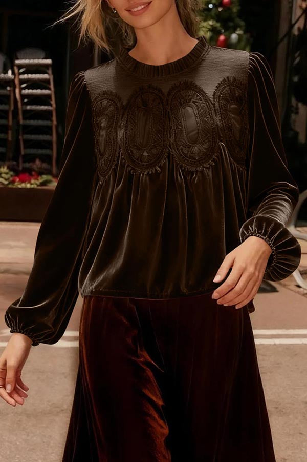 Fashionable Velvet and Lace Patchwork Loose Long-sleeved Top-consonak