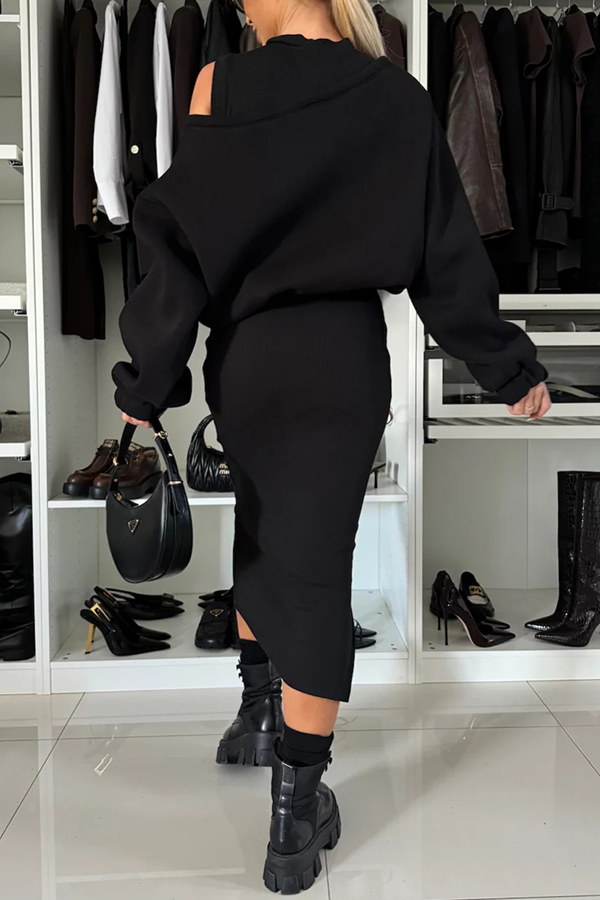 Lifestyle Wide Neck Relaxed Sweatshirt and Ribbed Tank Stretch Midi Dress Set-consonak