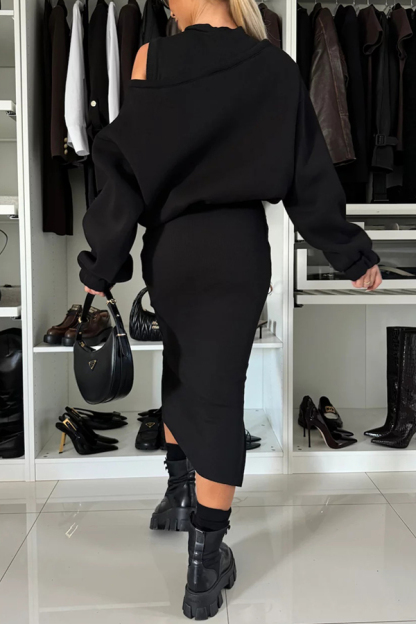 Lifestyle Wide Neck Relaxed Sweatshirt and Ribbed Tank Stretch Midi Dress Set-consonak