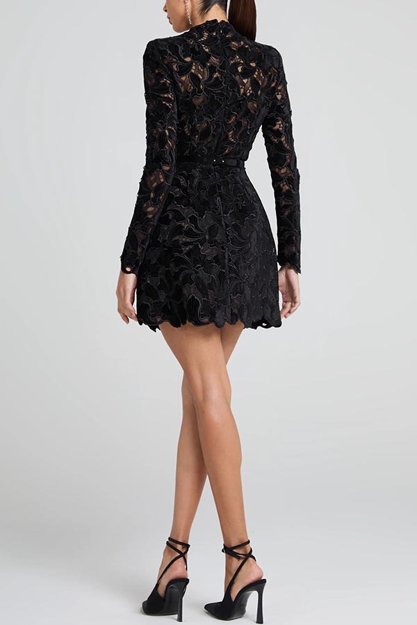 Lydia Embroidered Floral Lace Long Sleeve Belt Tulip Shaped Mini Dress-consonak