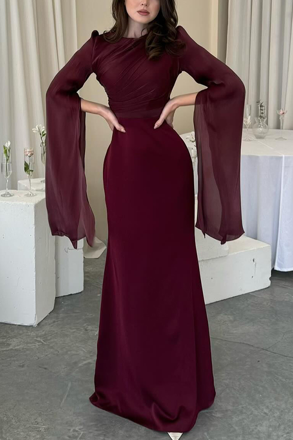 Liora Ruched Organza and Satin Patchwork Design Long Bell Slit Sleeve Maxi Dress-consonak