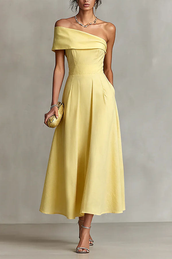 Chic One-Shoulder A-Line Midi Dress with Pockets-Consonak
