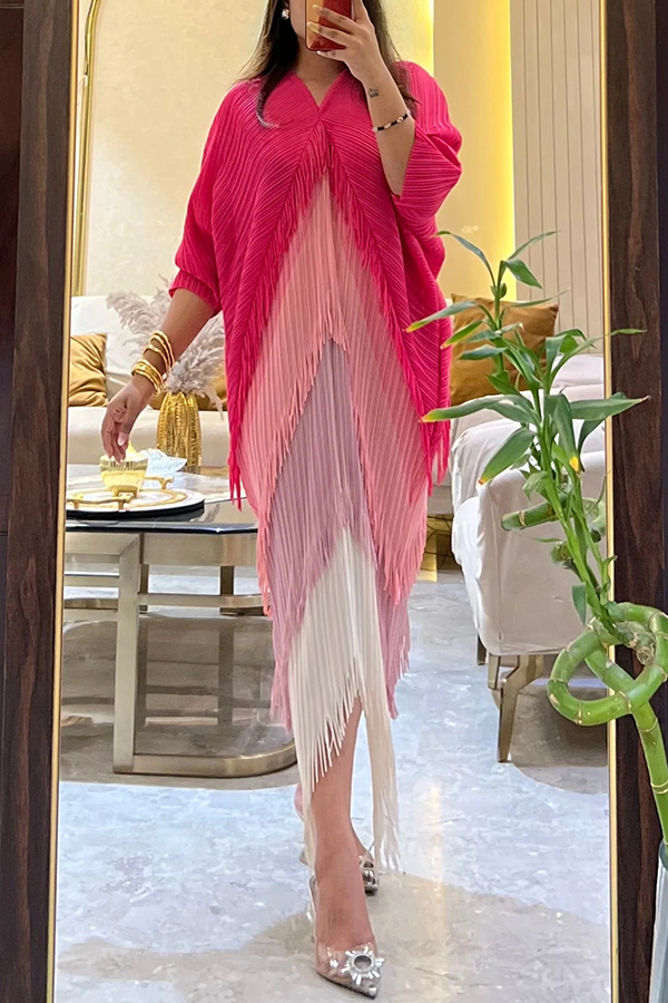 Fashionable Color-blocked Multi-layered Tassel Loose Midi Dress-consonak