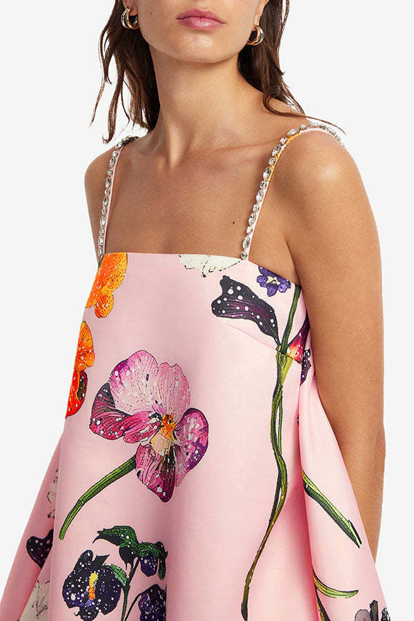 Whimsical Charm Wildflowers Print Embellished Shoulder Straps Bubble Hem A-line Mini Dress