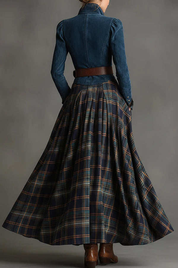 Fashionable Faux Denim Suede Patchwork Long-sleeved Casual Maxi Dress-consonak