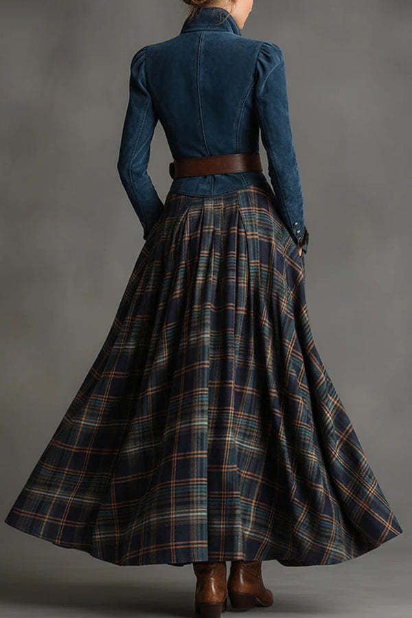 Fashionable Faux Denim Suede Patchwork Long-sleeved Casual Maxi Dress-consonak