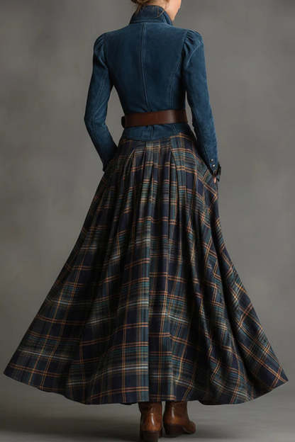 Fashionable Faux Denim Suede Patchwork Long-sleeved Casual Maxi Dress-consonak