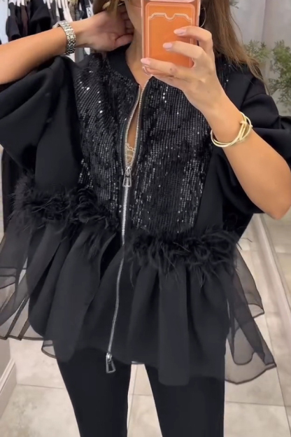 Fashionable Sequined Feather Patchwork Mesh Ruffled Hem Loose Zip-up Jacket