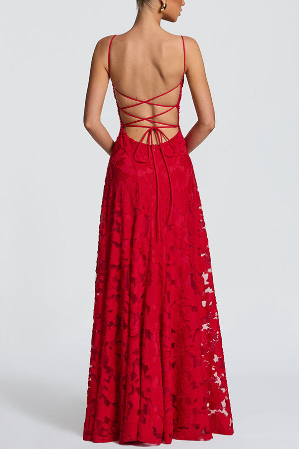 Francis Custom Floral Burnout Fabric Cowl Neck Back Lace-up Maxi Dress-consonak