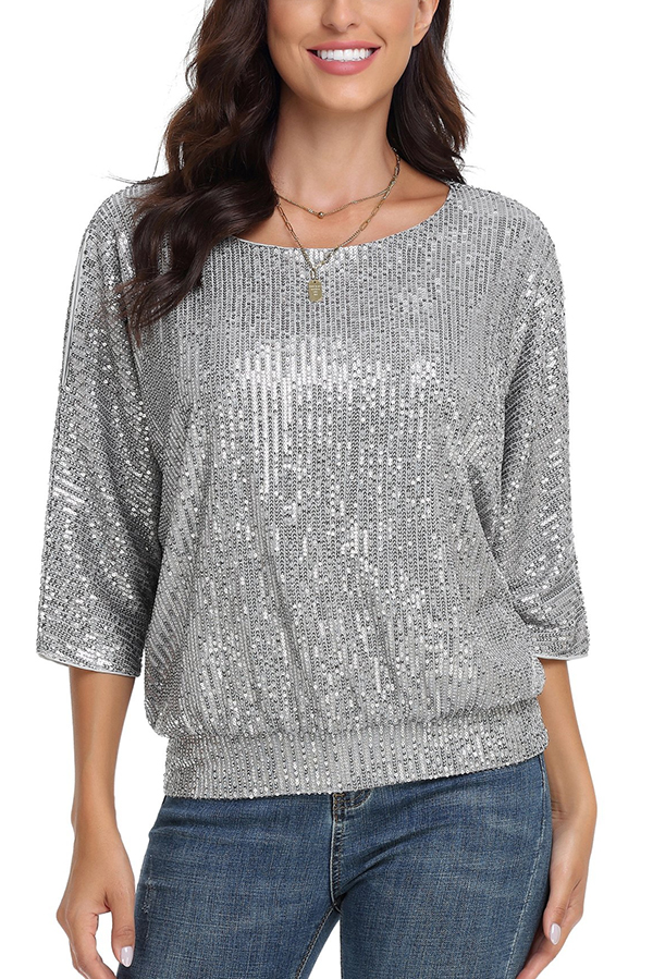 Solid Color Sequined Loose Round Neck Casual Top-consonak