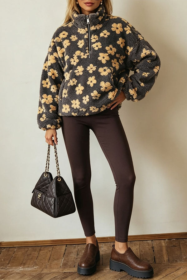 Colorblock Floral Pattern Teddy Bear Fleece Material Long Sleeve Kangaroo Pocket Zipper Sweatshirt-Consonak