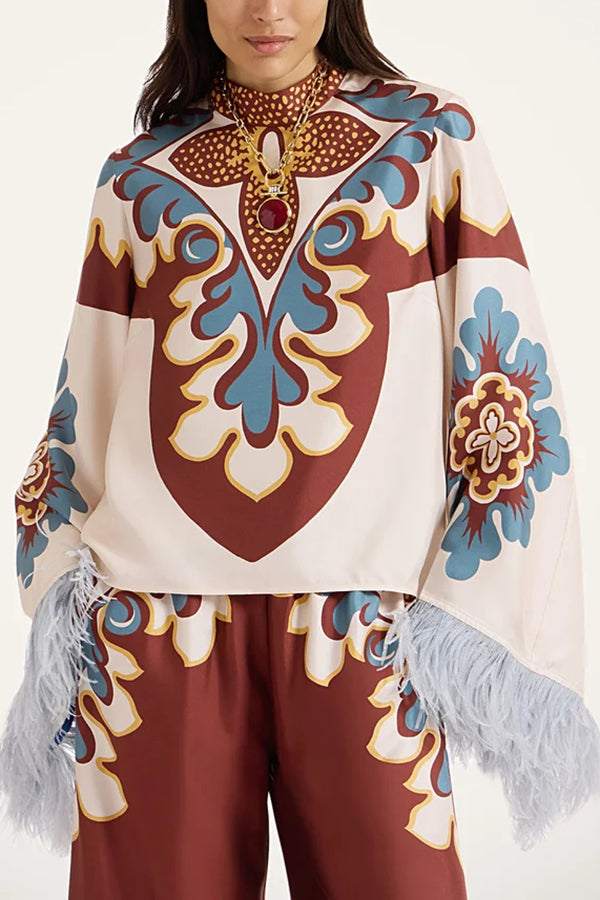 Bohemian Dreams Unique Print High Neck Feather Trim Bell Sleeve Top-Consonak