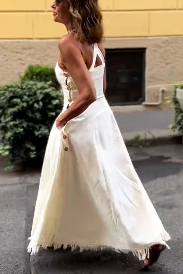 Viki Linen Blend Square Neck Wide Strap Side Button Pocket Tassel Trim Midi Dress-consonak