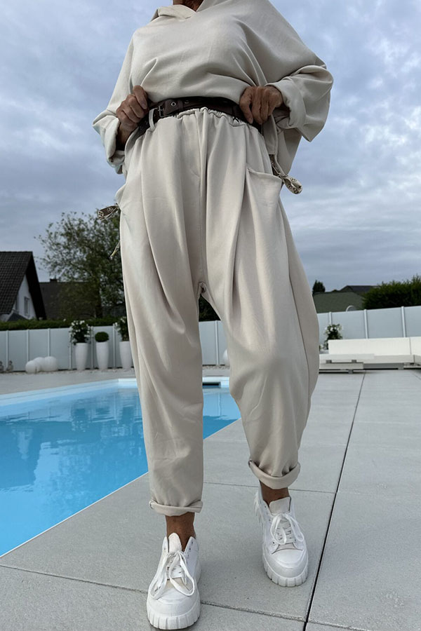 Solid Color Loose Hooded Sweatshirt and Elastic Waist Pocket Pants Set-consonak