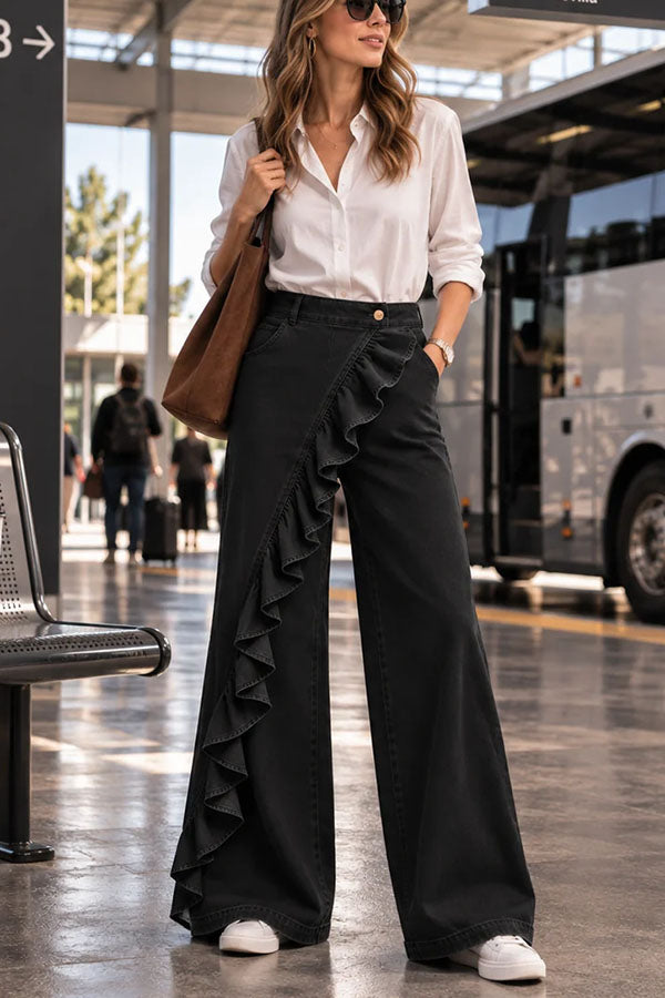 Uniquely Designed Denim Mid Rise Irregular Ruffles Pocket Wide Leg Jeans-Consonak