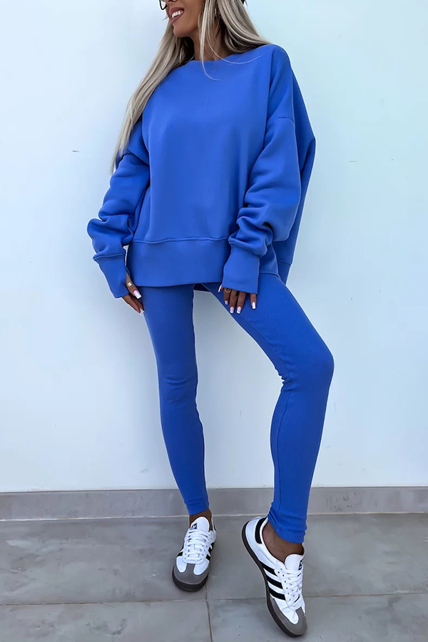 Solid Color Loose Long Sleeve SlitSweatshirt and Elastic Waist Tight Pants Set-consonak