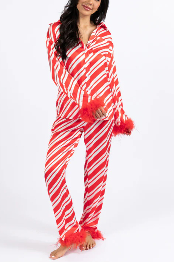 Christmas Party Striped Print Pocket Feather Elastic Waist Pajama Set-consonak