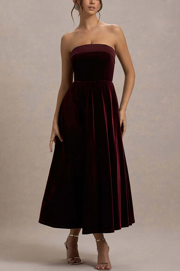 Center of Attention Velvet Satin Neck Bandeau Pleated Midi Dress-consonak