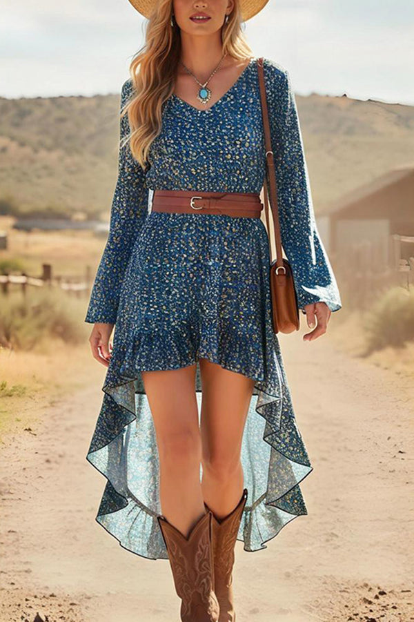 Bohemian Style V-neck Long-sleeved Casual Ruffle Midi Dress-consonak
