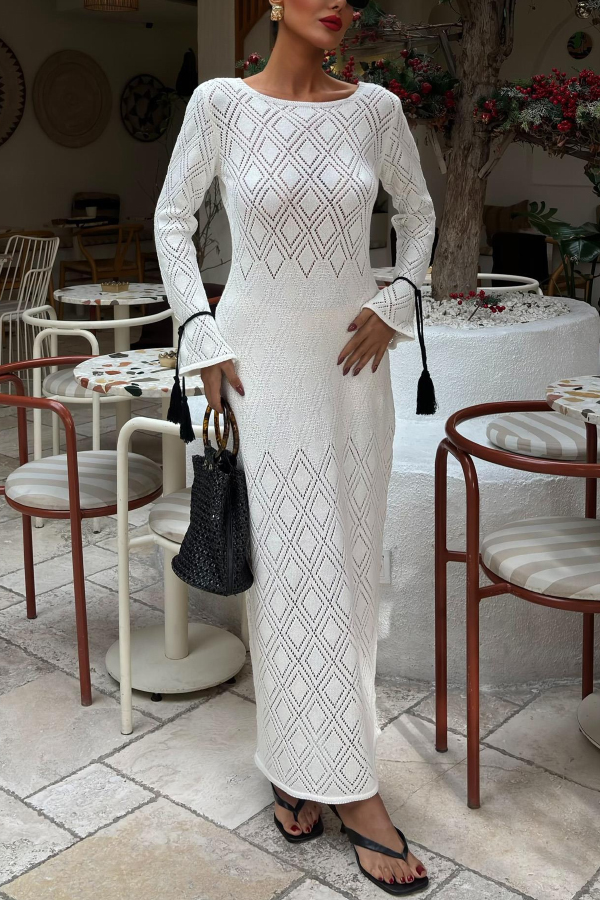 Solid Color Long-sleeved Tie Slim-fit Knit Openwork Cover-up Maxi Dress-consonak