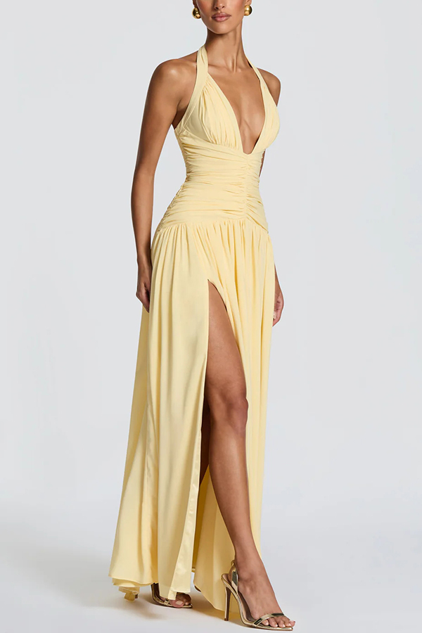 Amaris Halter Tie-up V-neck Ruched Detail Back Lace-up Slit Drape Maxi Dress | Consonak