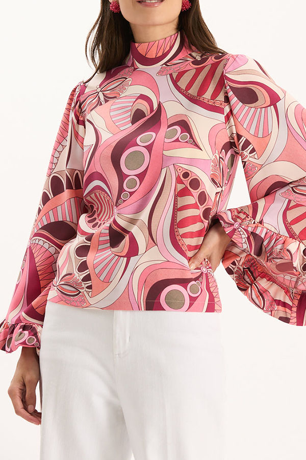 Sarah Unique Print High Neck Ruffle Bell Sleeve Top and Elastic Waist Pocket Loose Pants Set-consonak